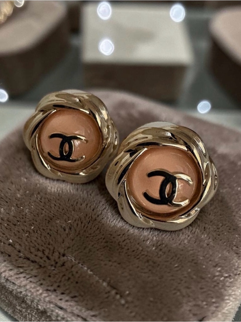 Gold-Tone Twisted Frame Peach Stud Earrings